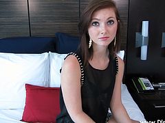 Pretty brunette strips and shows her natural tits to a guy. Then she gives him a blowjob and they bang in the reverse cowgirl pose and doggy style.