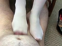 asian white nylon stockings footjob interruption
