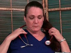 Lisa is a mature lady who has urges too. She squeezes her huge boobs before she rubs her shaven pussy. She does this at home and at work, where she is a nurse.