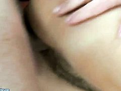 Brunette with gigantic hooters wraps her lips around dudes stiff cock