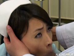 This horny Japanese nurse gets on her knees and gives the doctor an amazingly hot blowjob so she can get her perfect little mouth filled with cum.