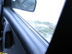 I picked up this cute chick wearing a fur coat on the side of the road, and then whipped my dick on in the car. She started by jerking me off on the drive, and then she licks my cock head and sucks me off. She has nice natural boobs which she lets me grab.