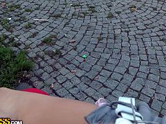 Gina wanted to kill her boredom and went out for a walk in the park. The blonde babe seems to be very friendly and got excited when the camera began filming. Click to see her persuaded to show what´s under her pants. Get a glimpse and enjoy!