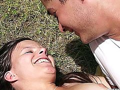Sweet brunette teen minx Tamara suck and fuck a large pecker outdoors
