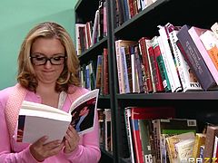 A horny teen visits the library to find an educational book. The guy reading at a table cannot miss her and he curiously approaches to see what's going on. Surprise! The blonde girl wearing glasses is getting rid of her clothes. Brooke has really nice big breasts and seems very skilled at sucking cock! See!