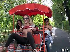 Three uninhibited and horny girls go out to entertain. They are euphoric and one can easily notice that so the guys don't late to appear. On the way to someone's place, the seductive ladies undress in the car, showing off their tits. See them completely naked and sucking cocks with passion!