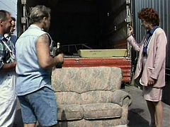 This old dirty skank has hired a moving crew to help her move her furniture to her new apartment, but she has an ulterior motive. The crew has a few drinks and the old lady comes in so that they can fuck her. She is on her knees sucking cock and getting fucked from behind.