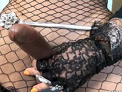 This hot looking transexual is all dolled up in fishnets and heels. She drops her panties down to her ankles and and flashes her tiny tits. She wraps her hand around her cock and beats off furiously with her giant cock pointed at the camera.