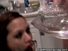 Brunette slut Sage gets naked and got her mouth opened wide by the gag device and serve her a bowl of her own piss drinking all of it against her own will.