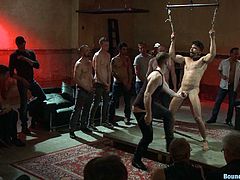 This hunky slave is bound and fucked with in front of a large group of horny gay men. His arms are bound and his neck is collared. The master whips his ass really hard, and the slave winces as he is beaten. Now it's time for some pleasure as the slave gets his cock sucked.