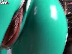 Two horny kinky latex lesbians get covered in piss after finger fucking in the gyno chair.