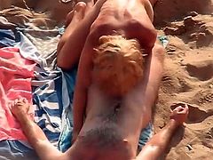 Blonde blows and rides old guy at the beach