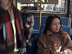 This dirty girl has no problem, letting creep on the bus play with her pussy. She lets a homeless guy finger her twat and then, wanks his cock in front of everyone on the bus. Can they keep their sex act hidden?