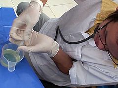 Hot kick boxing guy goes for a kinky medical check up in this hot gay vide, this horny doctor makes in pee in a cup, and drink his own piss and then he gets sucked hard