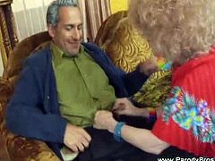 Granny and her old man having a great sloppy blowjob as they parody some famous TV show. Watch her lovely mouth filled in with a huge hard cock until he cums.