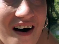 Carmen Blue is a brunette cutie with short hair. She French-kisses a guy in the backyard before she sucks on his dick making him cum hard in her mouth. She swallows.