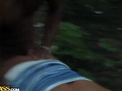 Pickup Fuck brings you a hell of a free porn video where you can see how this naughty brunette sucks and gets fucked hard in the forest while assuming hot poses.