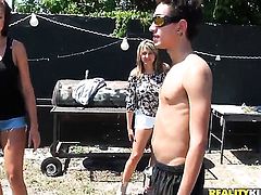 Piercings with round bottom and shaved muff gets throat banged by hot guy