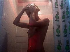 A dude films his GF stroking her body in the shower