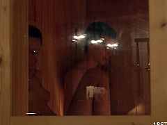 This dude got really horny when he looked at his girlfriend while she was taking a bath. They went in a sauna afterwards where she rode his cock intensively.