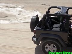 Drone got lucky to have found a hot and horny couple fucking and they did it on the road at their jeep with their naked bodies all over and they fuck each other hard ending with a cumshot on her tits.