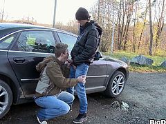 Classy gay in jeans giving massive dick blowjob before getting her anal smashed hardcore doggystyle infront of a car outdoor