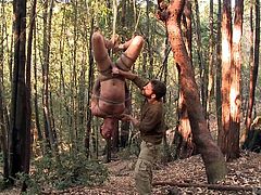 Wow, take a look at this unlucky slave. He is tied up tightly in rope and then, hung upside down from a tree in the woods, where his master sucks on his cock. The slave has no choice, but to hang there and take it.