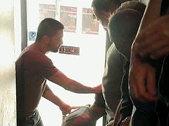 He got gangbanged by these horny studs and hunks as he was tied up and blindfolded and filled his mouths and his ass with their huge hard cocks while hurting him with candle drops.