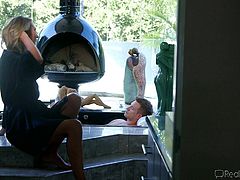 Bill lives next door to a hot milf and today, is his lucky day, because he is going to have his cock sucked in the bathtub. She surprises him in the bedroom and the couple kisses passionately. Will he cum on her face?