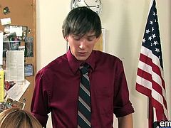 Andy Kay and Atlanta Grey are playing the student-teacher roles. A blonde nerdy face that feeds on teacher's erect cock is always a good combination for man on man.
