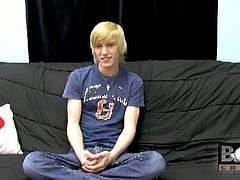 Dustin Dibella is having his first solo playing action and they interviewing him for his past sexual experiences and other stuffs. He told them he is so horny and want to start jerking after that.