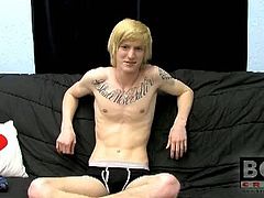 Dustin Dibella is having his first solo playing action and they interviewing him for his past sexual experiences and other stuffs. He told them he is so horny and want to start jerking after that.