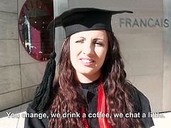 She gets some cold hard cash for sucking on this guy's cock. She needs the cash, to help pay of her college tuition. She doesn't even take her gown and cap off, before she starts slurping on his cock on the balcony.
