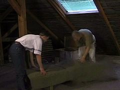 Two guys are alone at the dusty attic. quickly they become nasty and one dude gets his tight craphole stretched good
