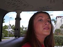 Cute brunette Giaoni Whiley in red t-shirt and sexy blue jean shorts gets a ride on Bang Bus, This shy looking girl is not that innocent as it may seem. She gets interviewed and then does dirty things!