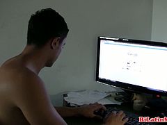 Check out this good looking Latino dude Narco as he just finished browsing porn and starts jerking off his hard cock until he was about to cum on his belly.