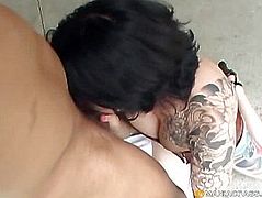 Brunette sucks dick guy