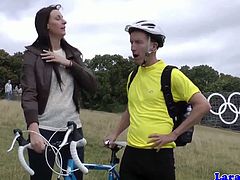 Lara is a British lady to picks up a cyclist and brings him home. She puts on sexy lingerie, stockings and boots and then she takes his cock doggy style and his cum on her face.