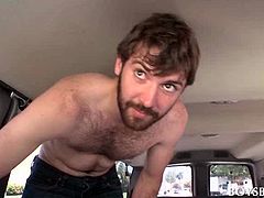 Cute naked dude fucking gay ass cumming in the sex bus