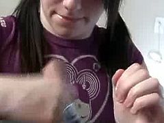 Alluring brunette teen jerks hard cock with her soft young palms in this nasty POV encounter. He moans loudly with every stroking she gives him in this raw encounter on the camera.
