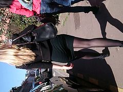Candid teen in black pantyhose