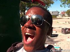 Afro teen gay in sunglasses eating white hard shaft in POV