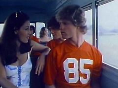 Cum addicted light haired cheerleader sucks rugby player's cock in bus