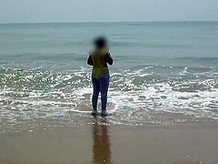 Desi Wife On Beach - Wet & Transparent Cloth