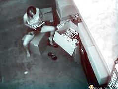 Sitting on boxes touches her pussy