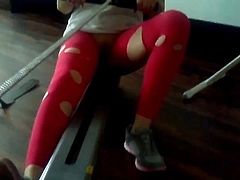 hot girl in ripped yoga pants exercises and masturbation