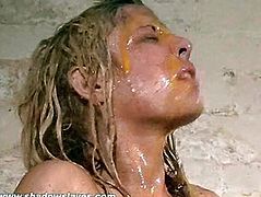 Disgusting humiliation of Crystal Lei and messy food punishment of filthy bizarre blonde in merciles