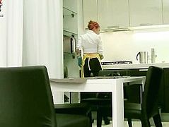 3 Russian studs persuade shy redhead to fuck