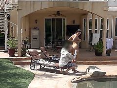 Alison Tyler gets caught relaxing near the pool. Time for rest is over, now is the time to earn you salary. So she gets naked and we see this busty chick in action.