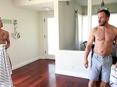 This gay sexy men have rented a nice beach house and soon after they unpack, they get down to fucking. The hot couple get on the bed and get intimate with each other. The young lover sucks off his older boyfriend and then, the young hunk gets his balls drained, too.